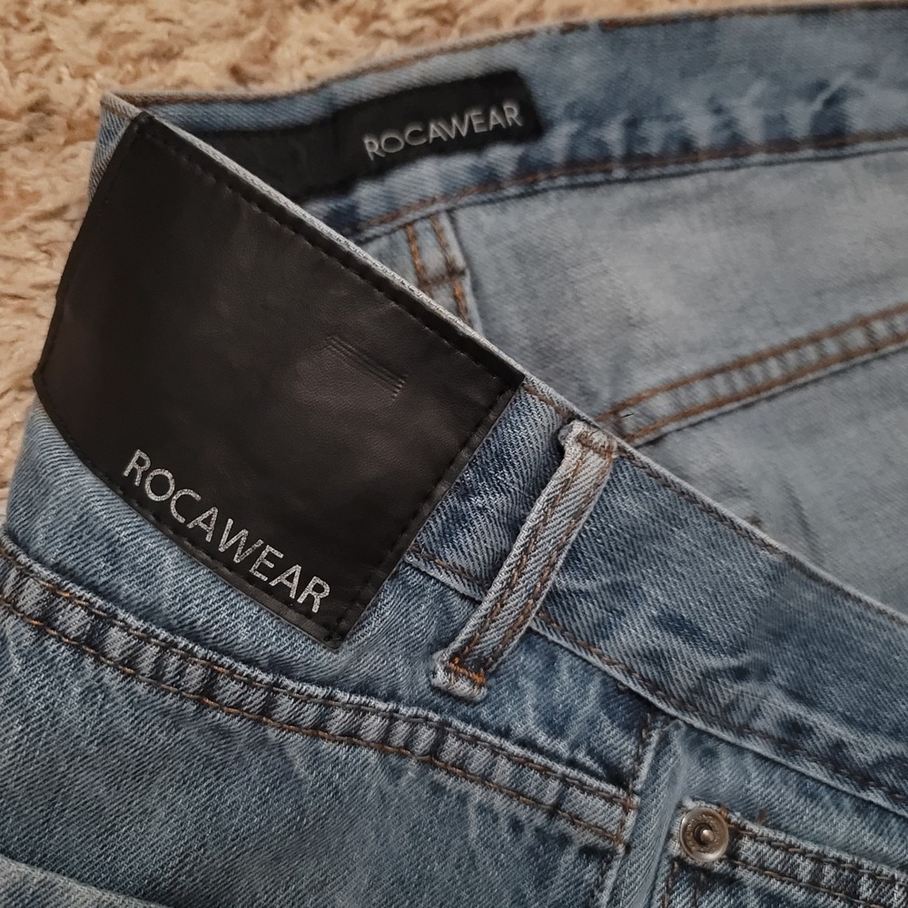 Rocawear Jeans Men 36x34 Blue Acid Wash Straight Leg Whiskered‎ Denim Pants
